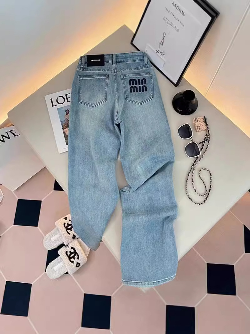 Free Shipping 2025 Women's Embroidered Letters Straight Leg Jeans High Waist Light Blue Relaxed Slimming Denim Pants