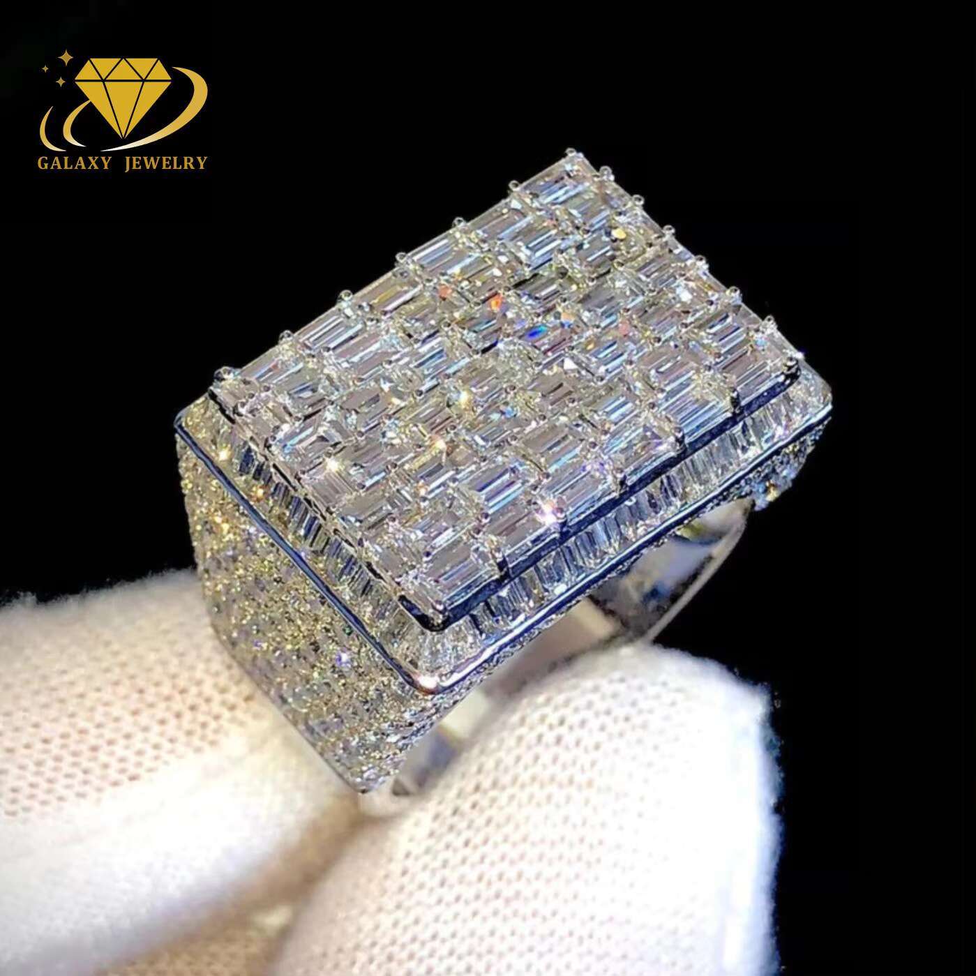 Fine Jewelry 925 Silver White Gold/Rose Gold Plated Moissanite Ring Custom Hip Hop Iced Out Baguette Cut Diamond Rings for Men