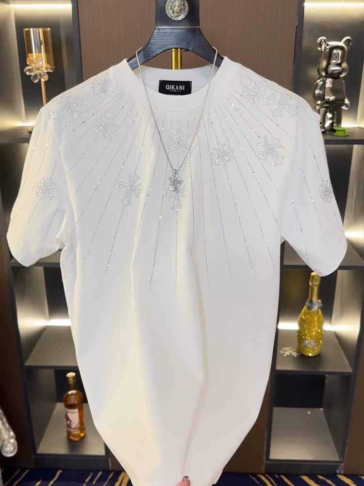 Designer 2025 New Men's Trendy Loose Short Sleeve T-Shirt Light Luxury Fashion Rhinestone Half Sleeve Loose Round Neck Short Sleeve Men's T-