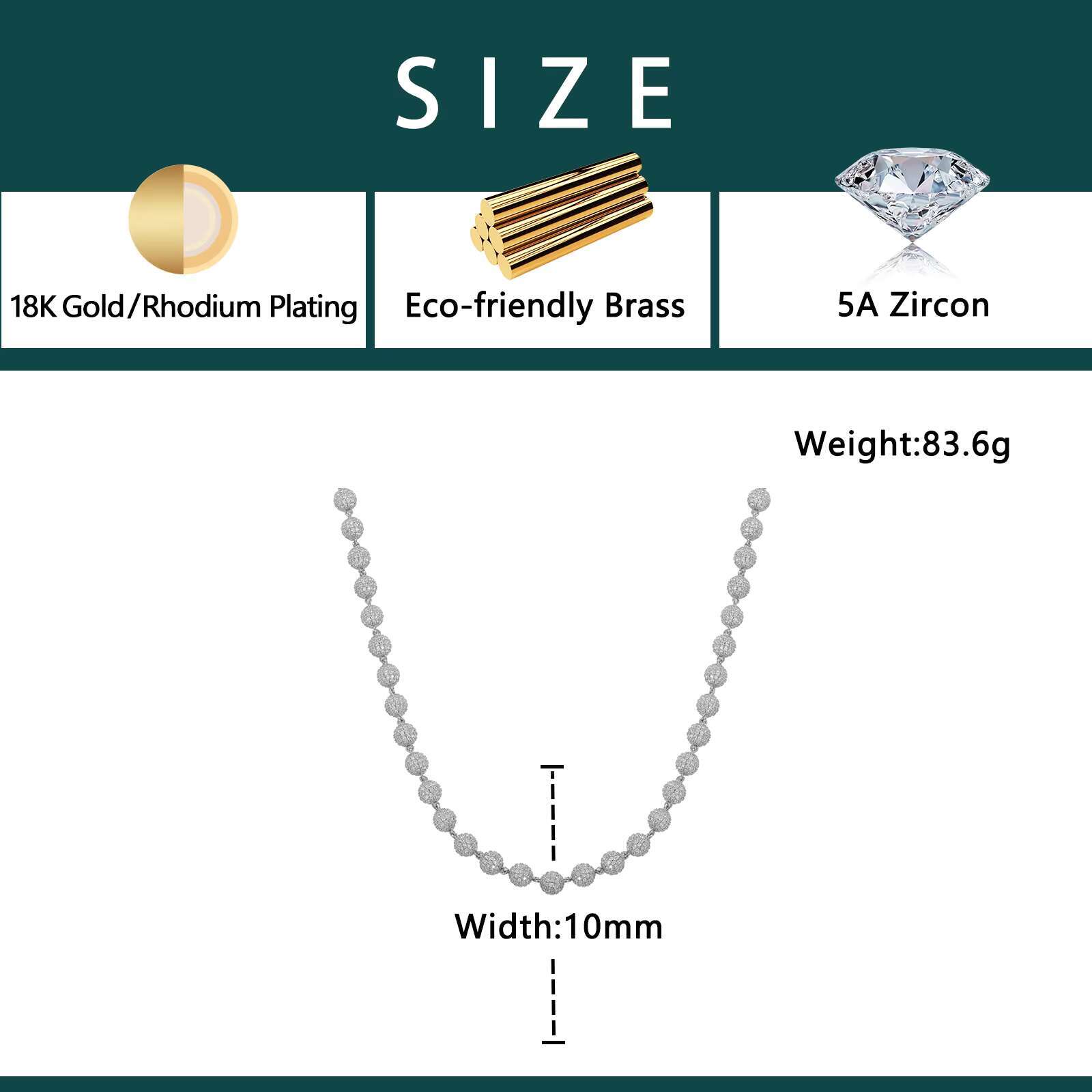 10mm Hip Hop Sparkling Roundness Bead Chain High Quality Iced Out Ball Rapper 5A Zircon Chain Cuban Necklace