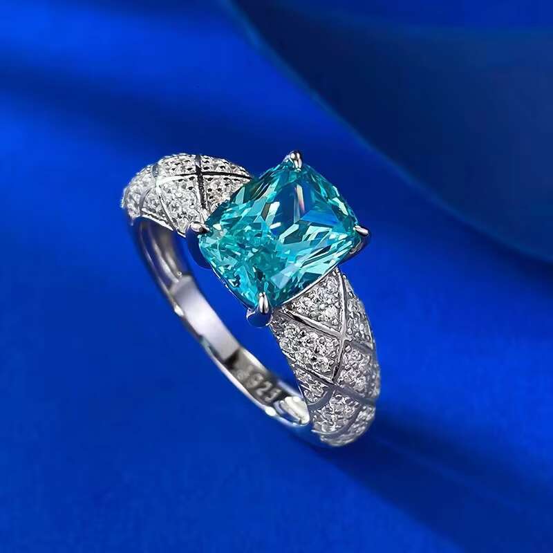 High Quality 7*9 Cushion Cut Zircon Paraiba Color Gemstone 925 Sterling Silver Women Fashion Wedding Engagement Rings