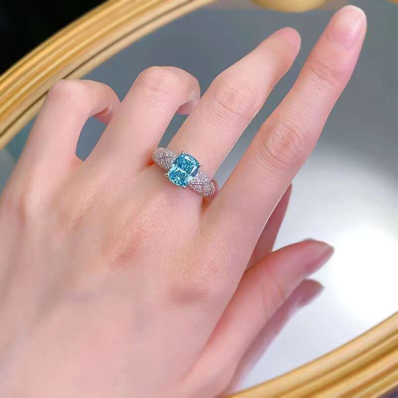 High Quality 7*9 Cushion Cut Zircon Paraiba Color Gemstone 925 Sterling Silver Women Fashion Wedding Engagement Rings