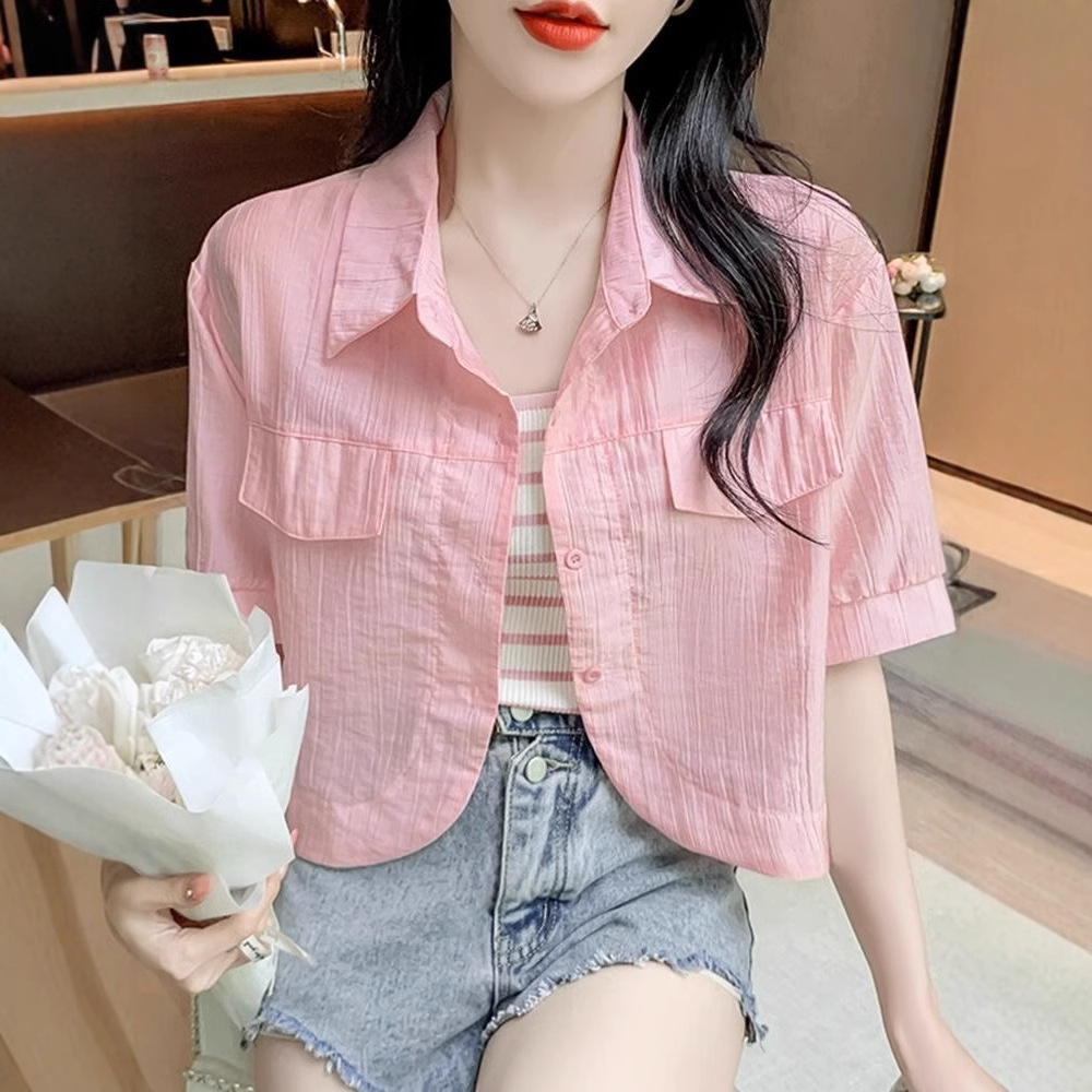 K1178 Chiffon polo collar short-sleeved short shirt sun protection clothing women's summer outerwear small shawl new cardigan top thin jacket