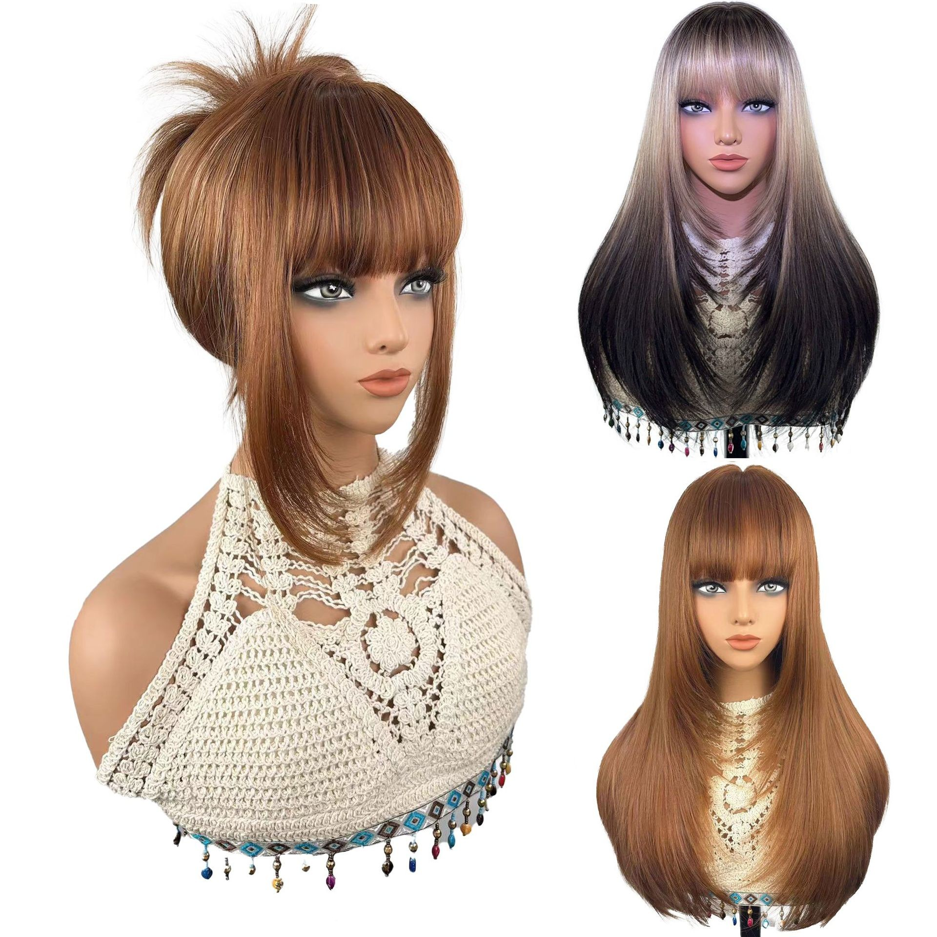 European and American fashion natural style lady's dyed hair high-temperature synthetic hair wig with long straight and wavy hair wig headpiece