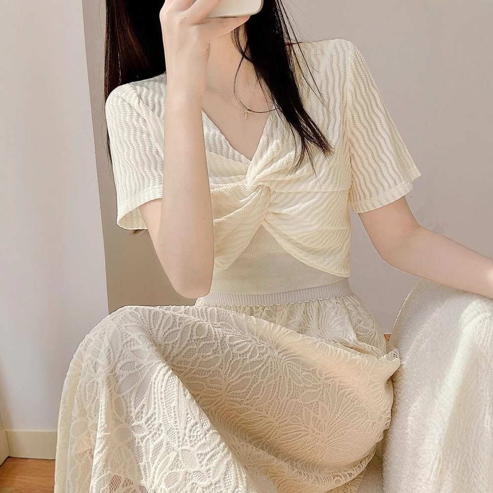 K1179 With a suspender long skirt and a mesh blouse with short sleeves, summer small waistcoat sunscreen tulle pullover short shawl top