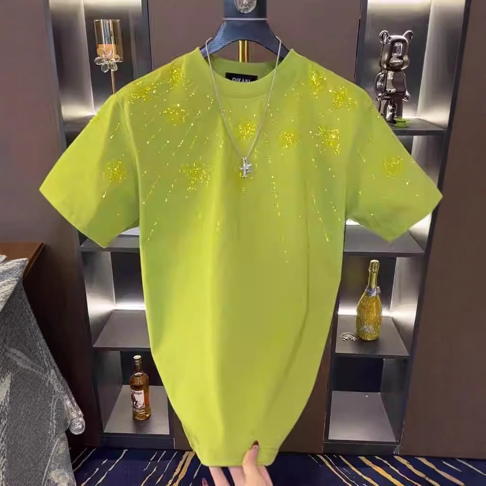 Designer 2025 New Men's Trendy Loose Short Sleeve T-Shirt Light Luxury Fashion Rhinestone Half Sleeve Loose Round Neck Short Sleeve Men's T-