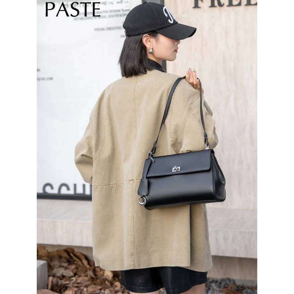 Simple Glossy Cowhide Leather Women Crossbody Black Commuting Versatile Handbag Long High-Quality Single Shoulder Armpit Bag