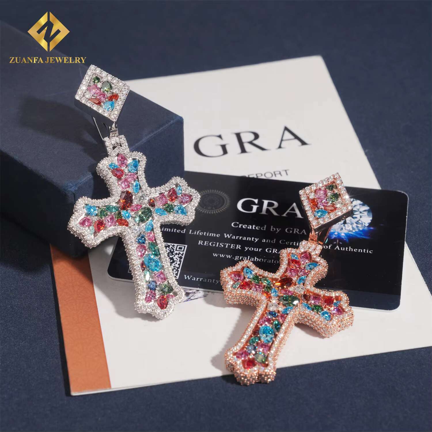 Hip Hop Custom New Jewelry Charm Pendant Iced Out 925 Silver Colorful VVS Moissanite Diamond Solid Back Cross Pendant Men Women