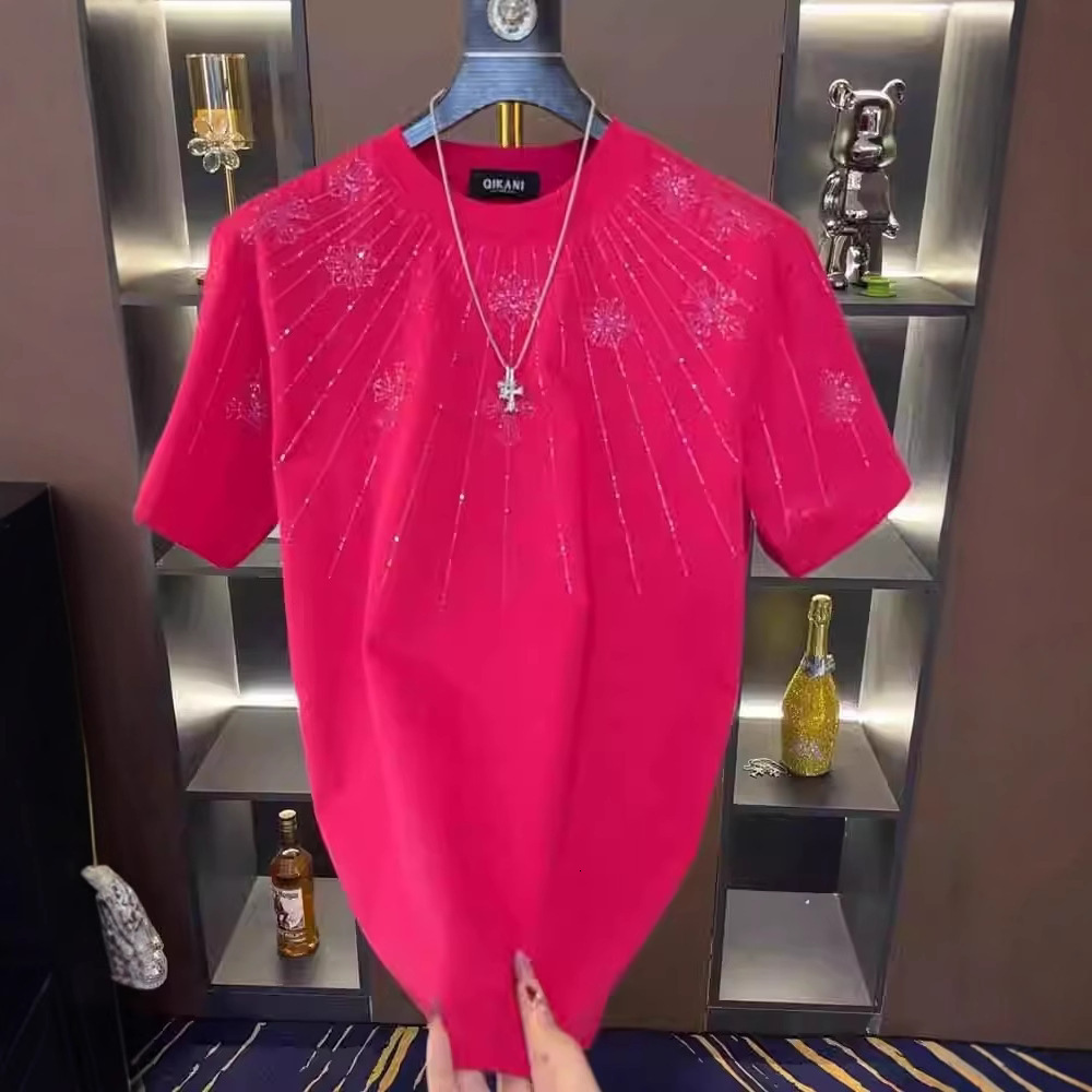 Designer 2025 New Men's Trendy Loose Short Sleeve T-Shirt Light Luxury Fashion Rhinestone Half Sleeve Loose Round Neck Short Sleeve Men's T-