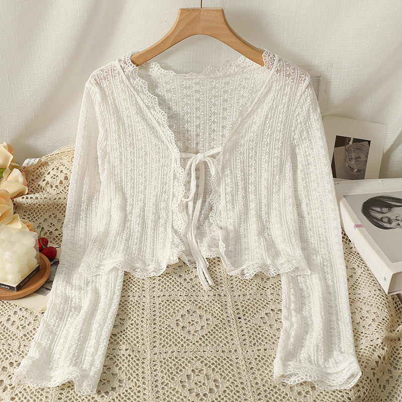 K1173 Gentle style lace sunscreen cardigan women's thin summer 2025 new shawl with suspender skirt top jacket