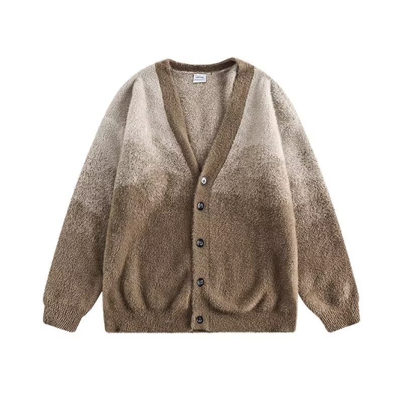 Trendy gradient plush V-neck cardigan sweater for men and women loose and lazy versatile knitted jacket 240822
