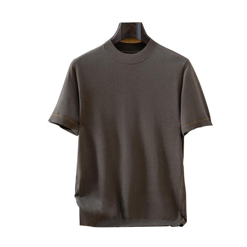 Designer's Summer Business Elastic Men's Knitted Short-sleeved Loose Casual Fine Wool Thin Top Half High-neck Basic T-shirt