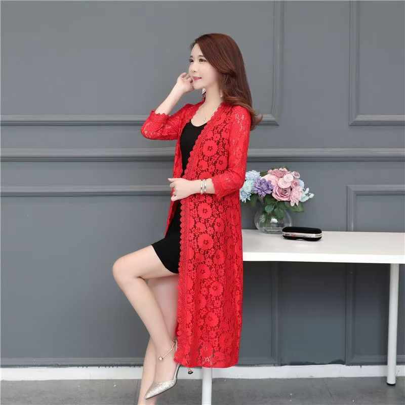K1182 Lace cardigan long summer mesh shawl outer wear loose knee-length sun protection clothing women's jacket