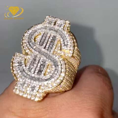 Wholesale Big Iced Out Baguette Diamonds Ring Dollar Design Money Sign 925 Solid Silver Fully Moissanite Mens Hip Hop Rings