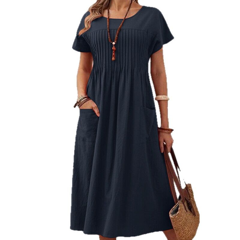 H6291New solid color round neck pocket pleated short sleeve cotton and linen dress