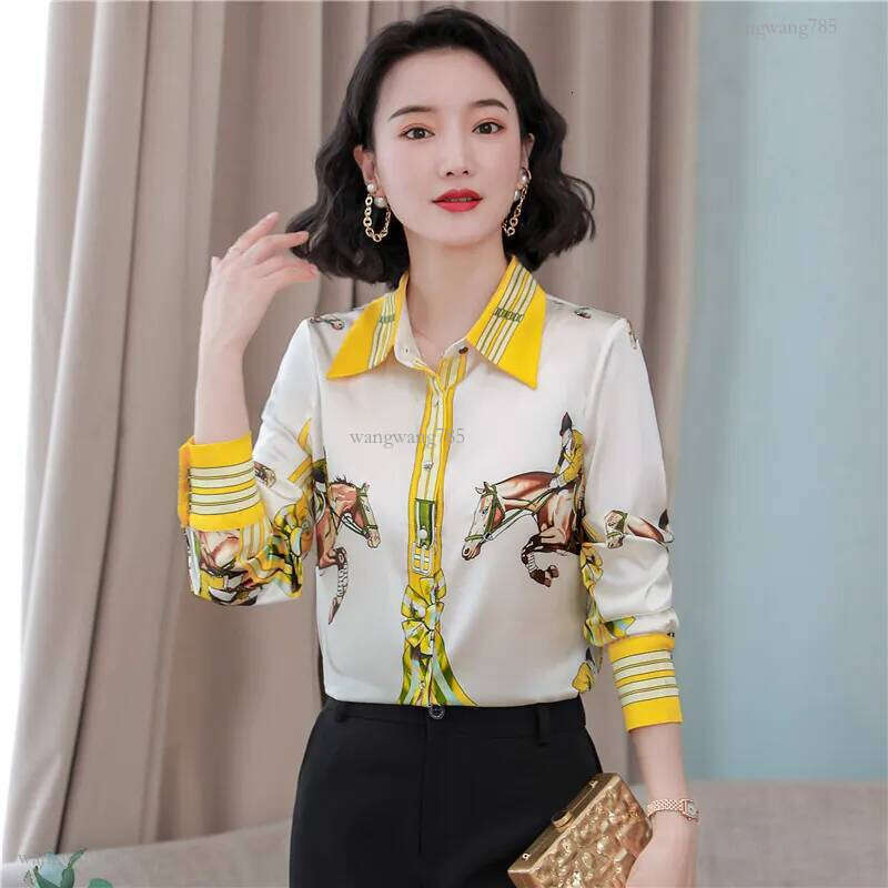 Luxury Satin Printed Runway Shirt 2023 Designer Long Sleeve Office Lady Elegant Button Up Blouse Spring Autumn Winter Vintage Fashion High-End Slim Sw