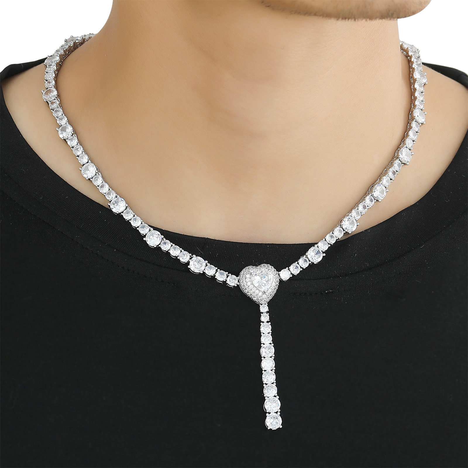 Luxury Jewelry Hip Hop Heart Tennis Chain Necklace Layered Iced Out Unisex Hip Hop Bling Bling Necklace Trendy Accessory Pass the diamond tester