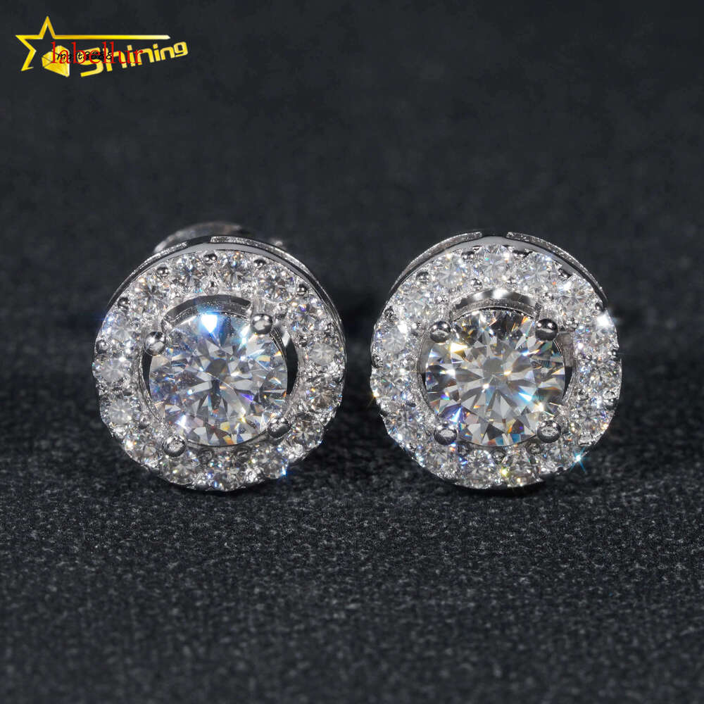 Hip Hop Jewelry Pass Tester Sterling Sier Round Halo VVS Dia Moissanite Stud Earrings