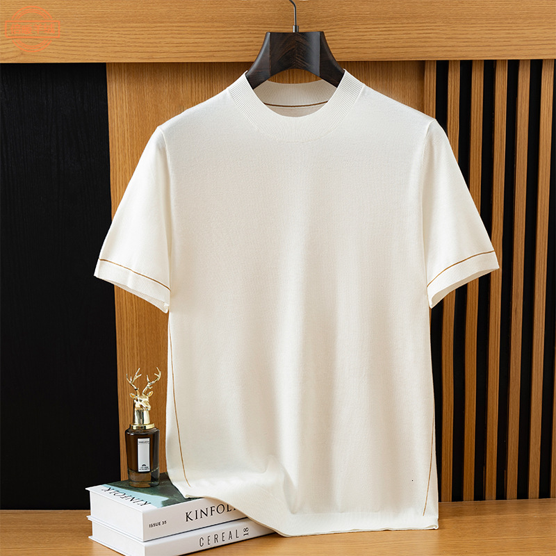 Designer's Summer Business Elastic Men's Knitted Short-sleeved Loose Casual Fine Wool Thin Top Half High-neck Basic T-shirt