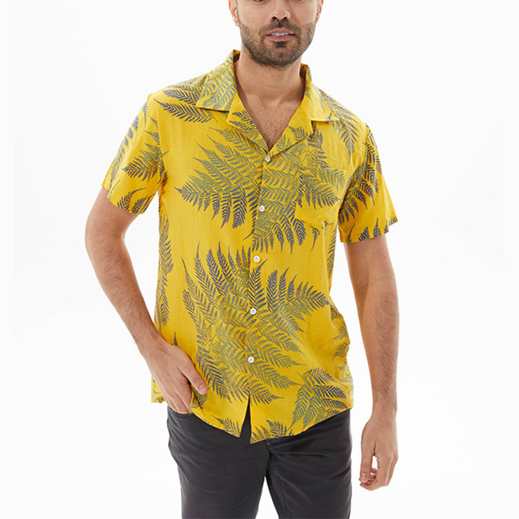 Mens Summer Casual Loose Beachwear Maple Leaf Print Short Sleeve Shirt