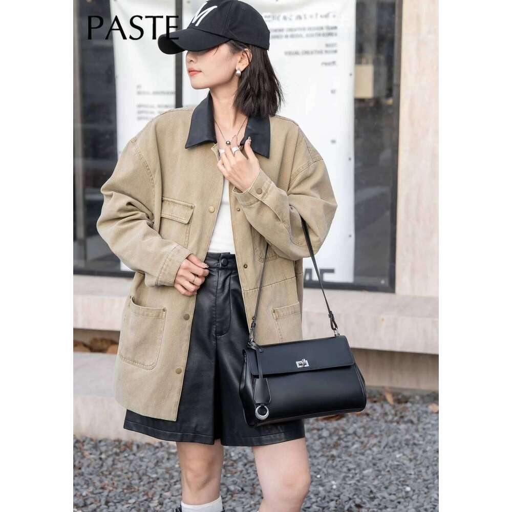 Simple Glossy Cowhide Leather Women Crossbody Black Commuting Versatile Handbag Long High-Quality Single Shoulder Armpit Bag
