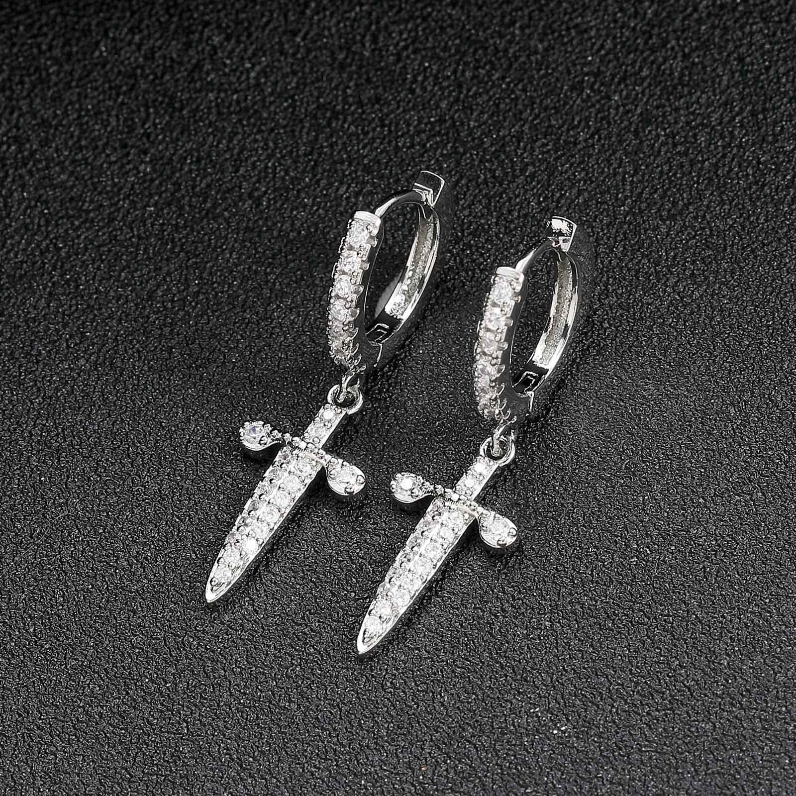 Luxury Jewelry Hip Hop Sword Cross Dagger Dangle Earrings Iced Out Bling Bling Unique Unisex Hip Hop Trendy Earrings Pass the diamond tester