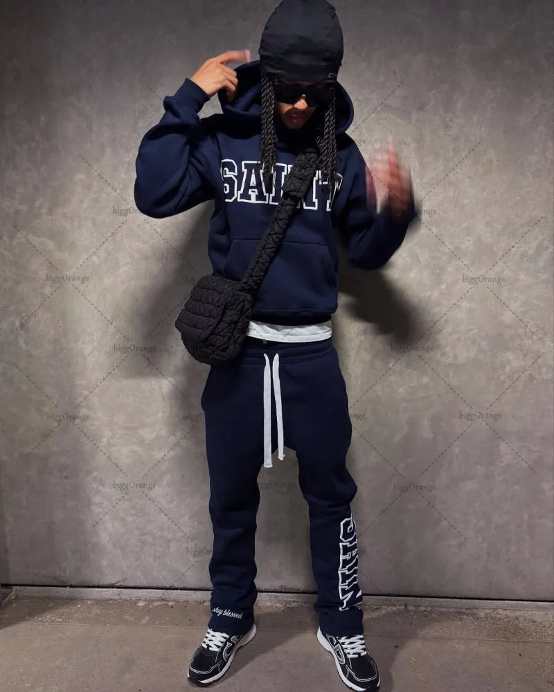 High Street Trendy Retro Letter Print Mens Sportswear Set Hip-Hop Punk Streetwear Hoodie Women Harajuku Casual Loose Sweatpants 250626
