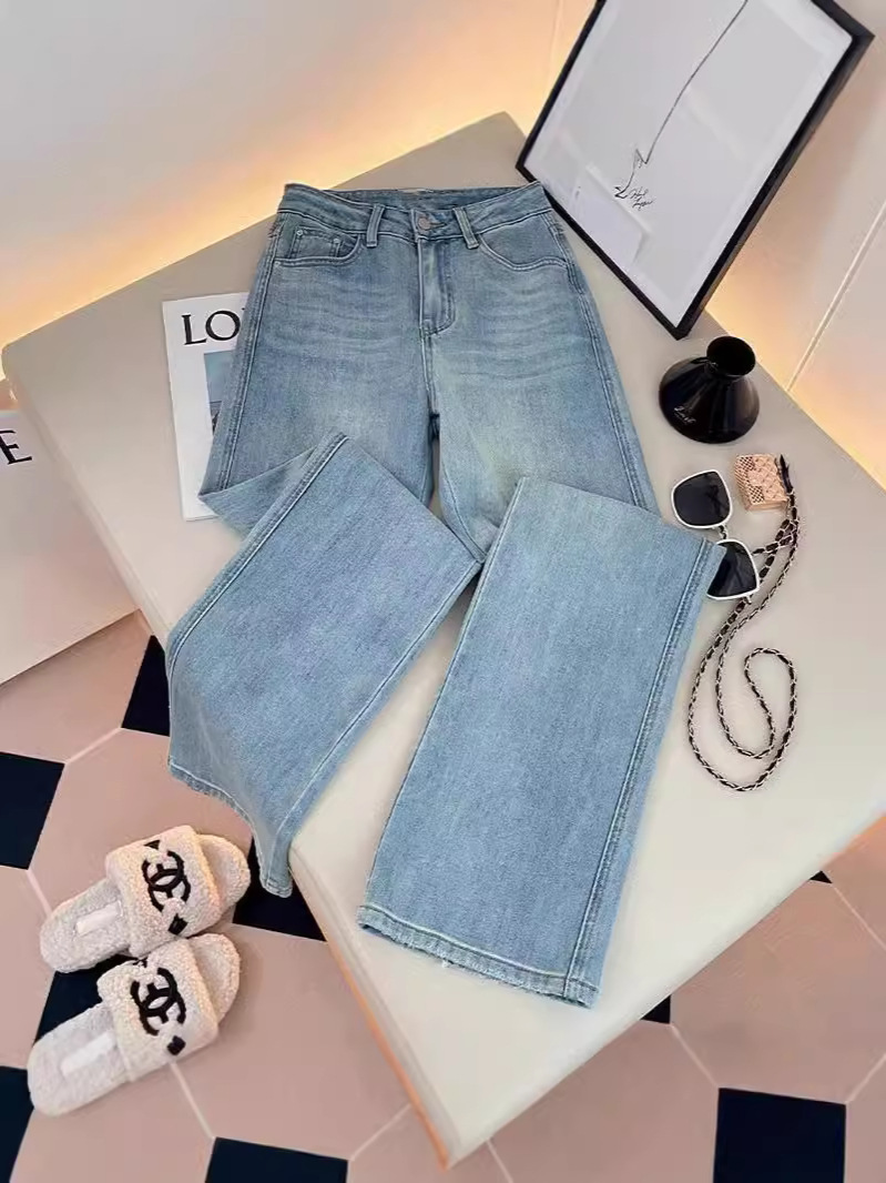 Free Shipping 2025 Women's Embroidered Letters Straight Leg Jeans High Waist Light Blue Relaxed Slimming Denim Pants