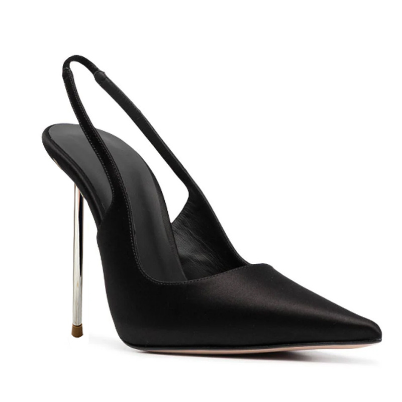 Women's Satin Pointed Toe Heels - Slim Steel Stiletto Open-Back Sandals, Adjustable Ankle Strap and Pull-On Design