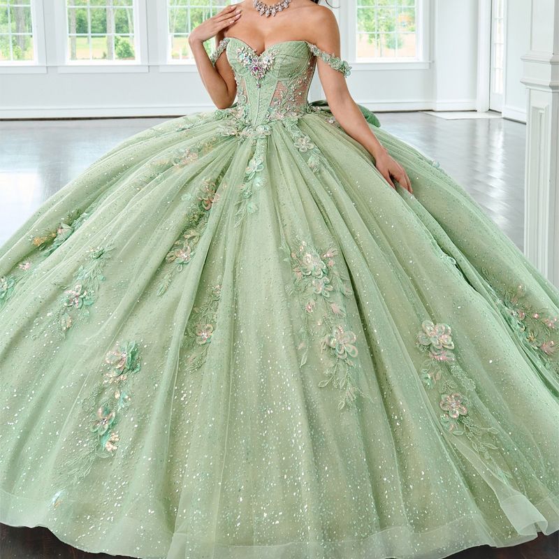 Mint Green Shiny Ball Gown Quinceanera Dresses Appliques Lace Beading Crystal Bow Tull Party Birthday Corset Vestidos 15 De XV Anos Sweet 16 Dress