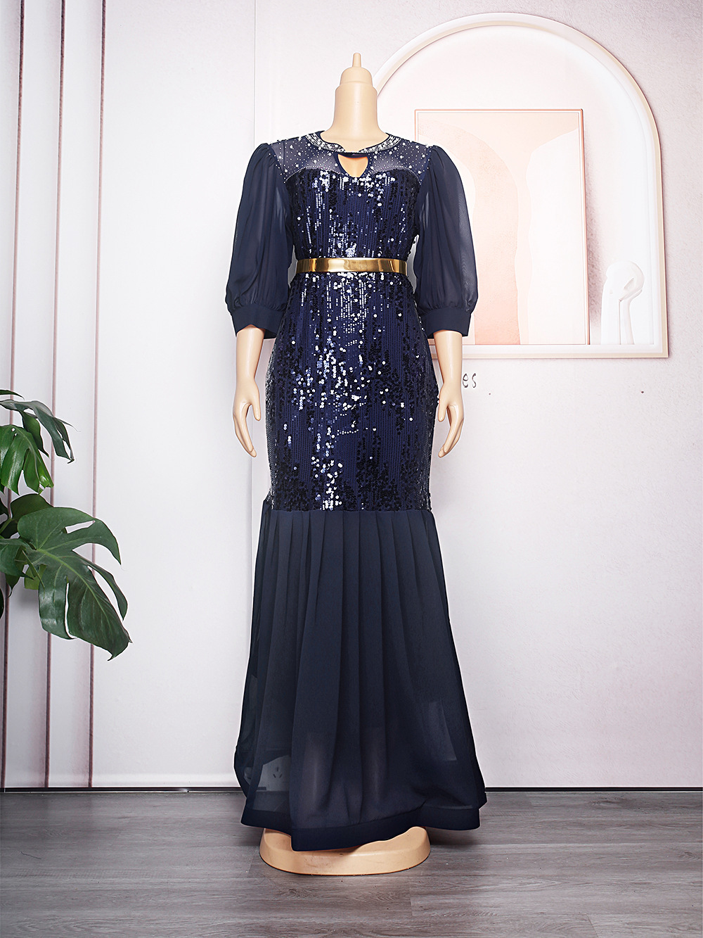womens plus size round neck rhinestone sequin banquet evening dress240921