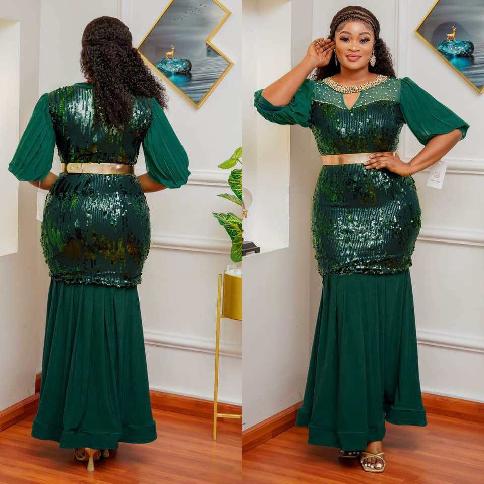 New womens plus size round neck rhinestone sequin banquet evening dress240921 ww