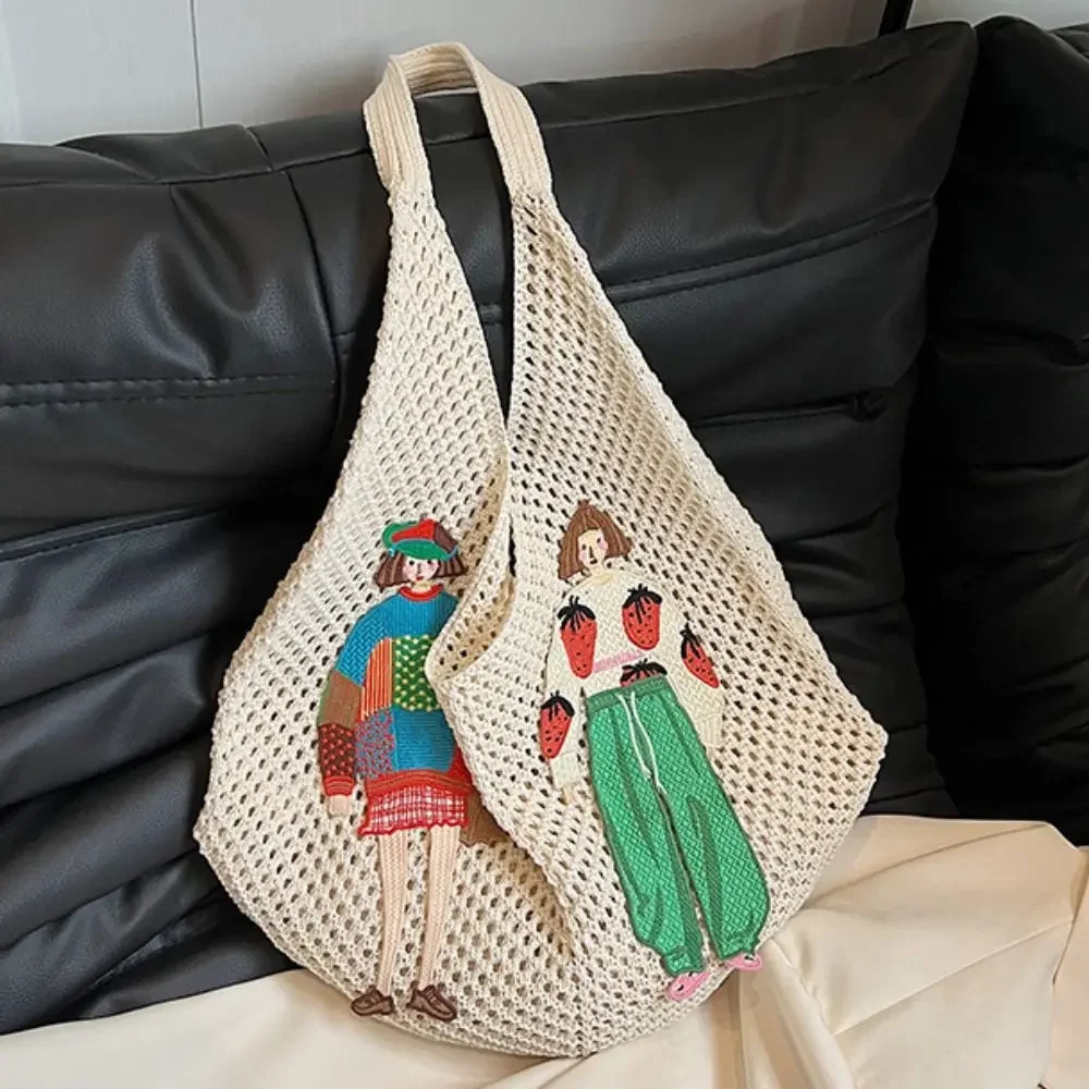 Simple Sweet Knitted Tote Bag Bohemian Style Embroidery Weave Shoulder Cartoon Hollow Out Crochet Beach Travel 250627