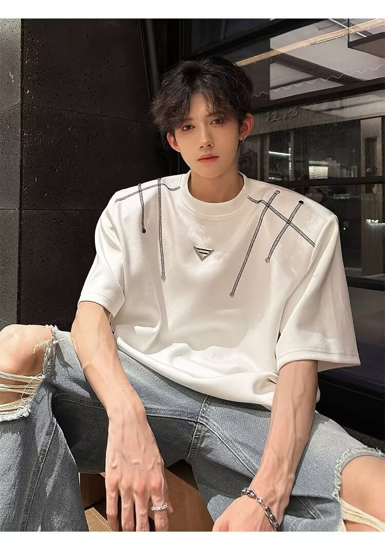 Men's Summer Designer T-shirt American Street Style Cleanfit Small Neckline Padded Shoulder Short Sleeve T-shirt High-end Trendy Brand Half Sleev