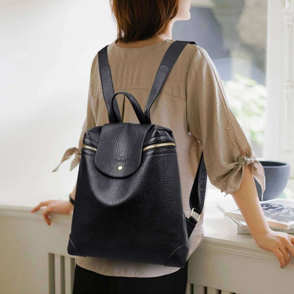 Fashion Glossy Leather-Texture PU Backpack Shoulder Bag Solid Color Large Capacity Flap Snap + Zip for Daily Use
