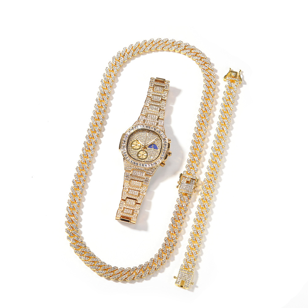 Luxury Jewelry VVS Moissanite New Fashion Iced Out Watch 12mm Gold Plated Necklace Bracelet Men's Hip Hop Jewelry Set Pass the diamond tester