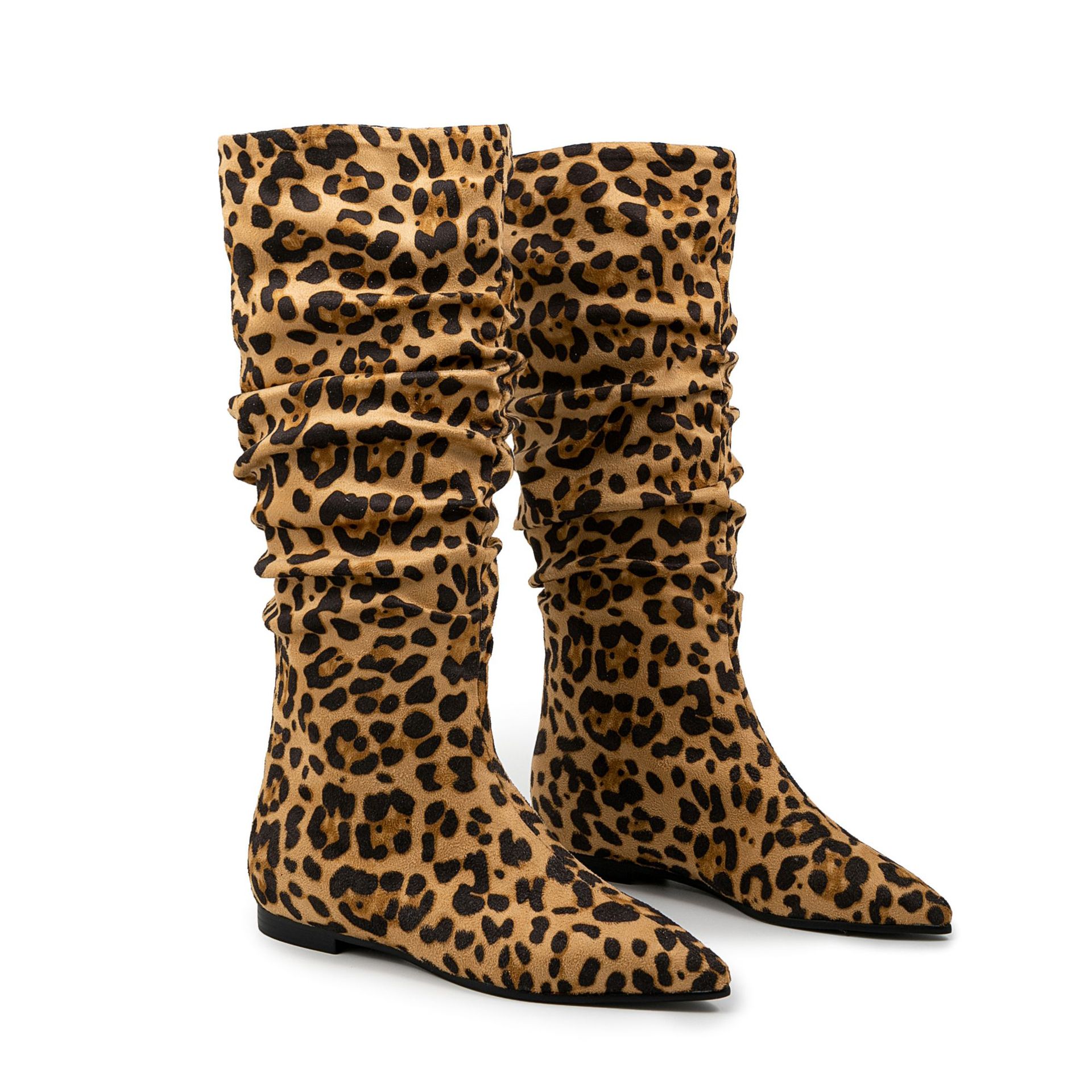 Women's Genuine Suede Leopard Print Crinkle Fold Boots - Pointed Toe Flat Mid-Calf Stacked Boots