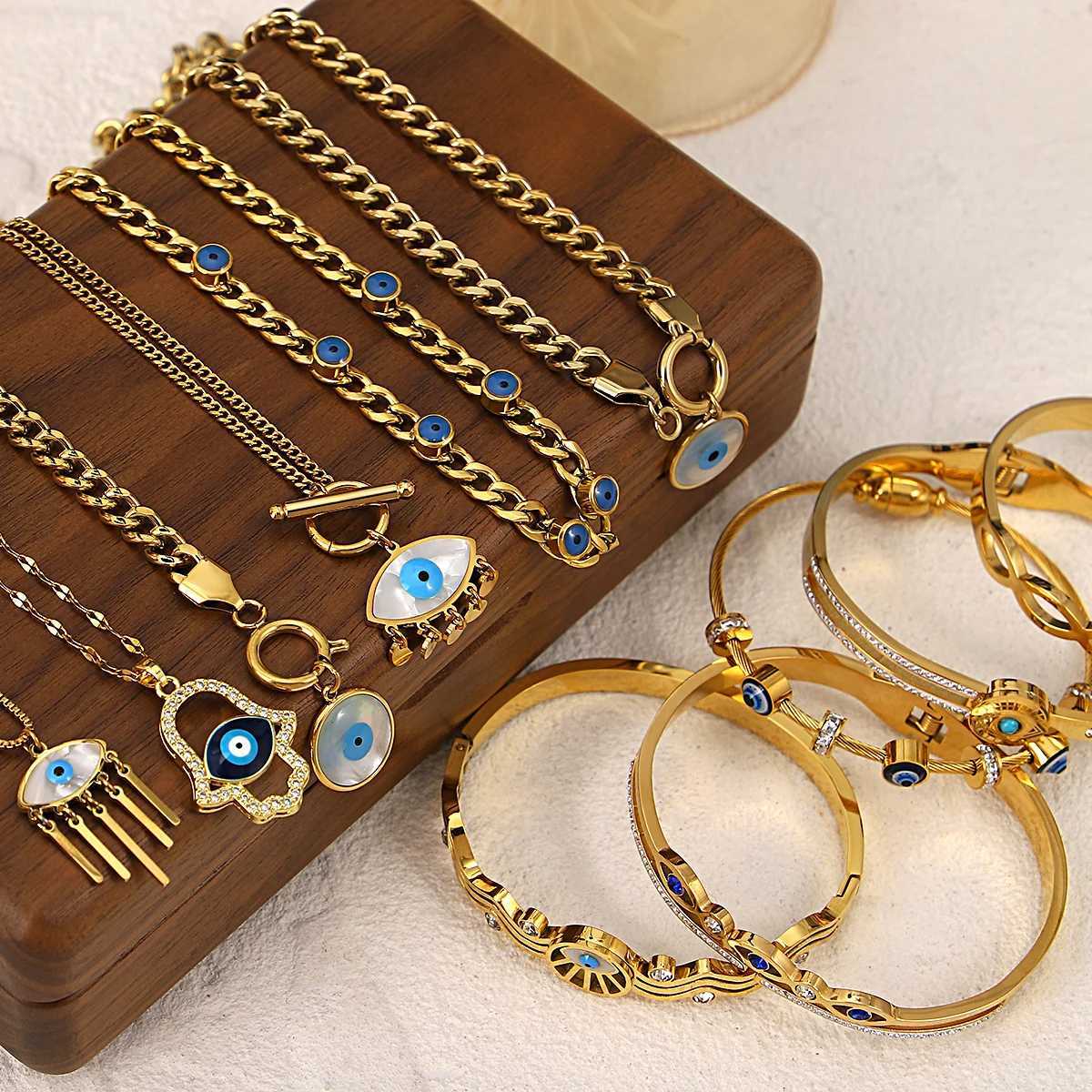 Greatera Turkish Evil Eye Stainless Steel Bangles Bracelets for Women Ethnic 18K Gold Plated Metal Charm Bracelet Jewelry 2024 W250630