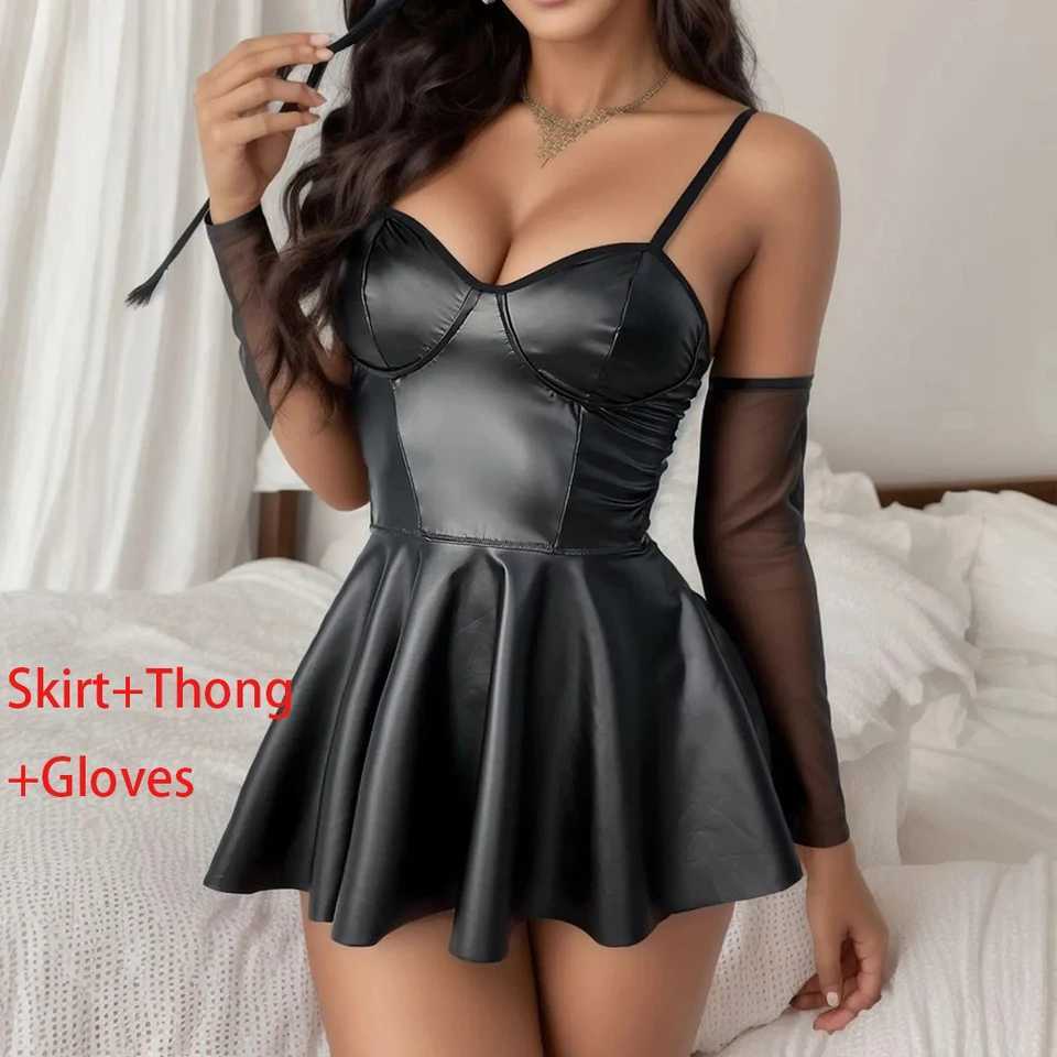 Women Erotic Lingerie Black Leather Mini Dress Porno Costumes Nightclub Sexy W250630