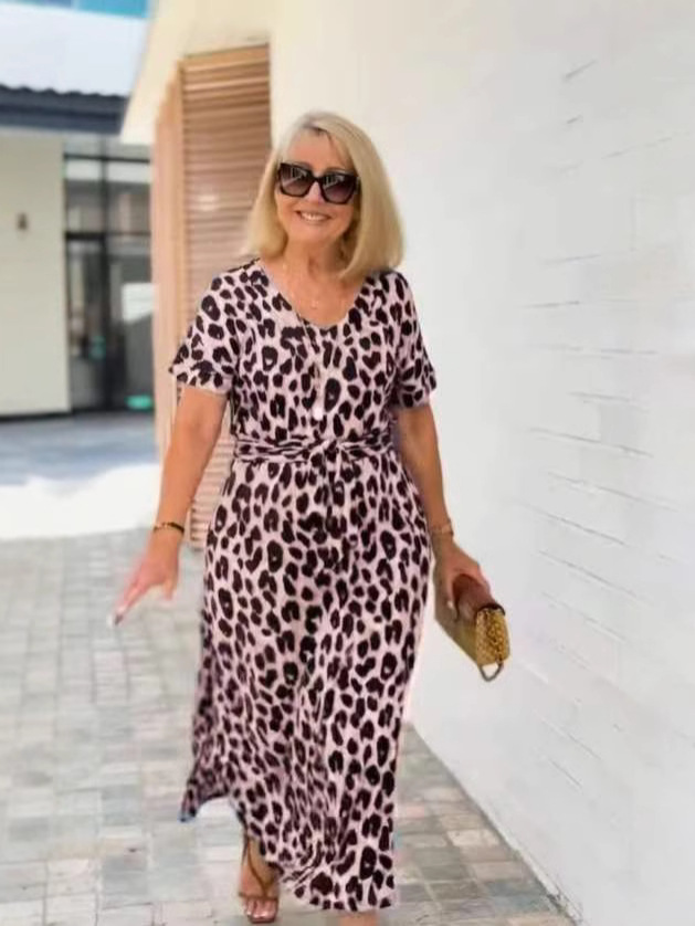 L6291New autumn and summer temperament women's short-sleeved V-neck leopard print dress