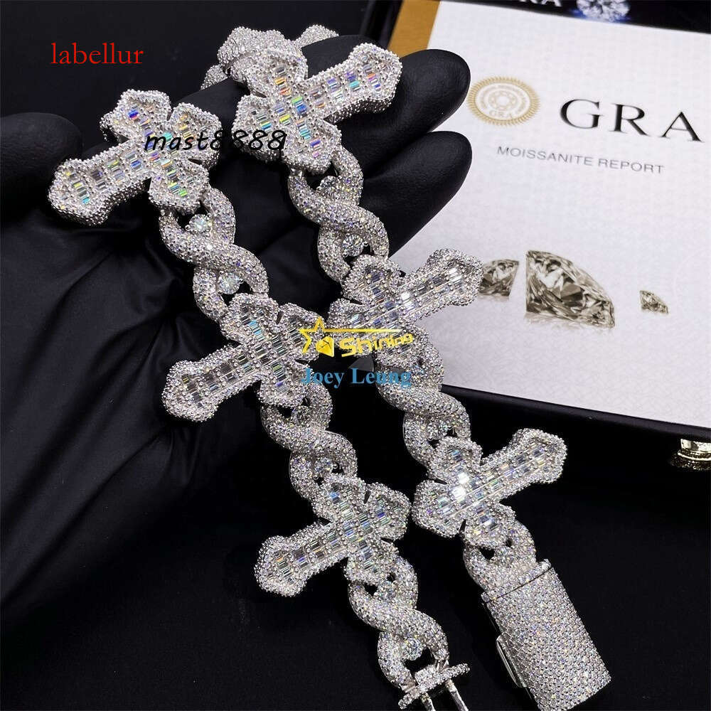 Cross Design Hip Hop Jewelry Sier Charm Iced Out VVS Baguette Moissanite Cuban Bracelet