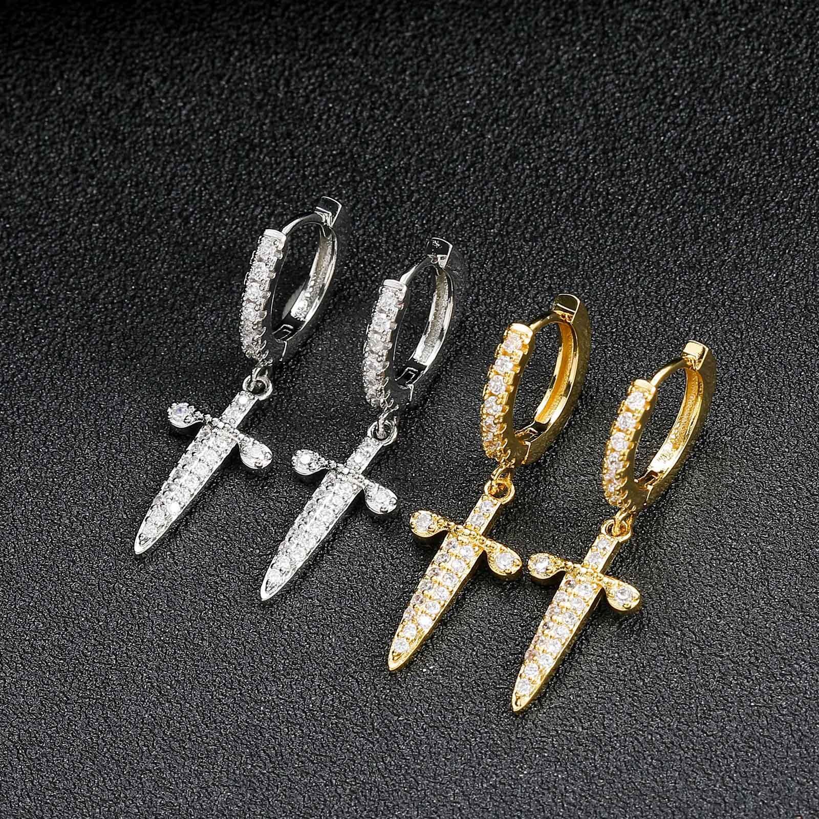 Luxury Jewelry Hip Hop Sword Cross Dagger Dangle Earrings Iced Out Bling Bling Unique Unisex Hip Hop Trendy Earrings Pass the diamond tester