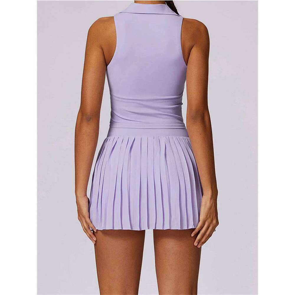 Outdoor Breathable Golf Wear Tennis Sport Sets Women Turn Down Collar Sleeveless Top Short 2 in 1 Skirt Running Fiess Set