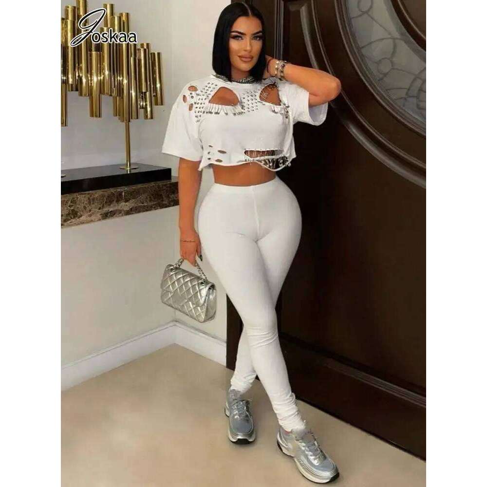 Joskaa Elegant 2 Piece Set Women Sexy Hollow Pin Short Sleeve Crop Tops and Pencil Pants Matching 2025 Summer Party Club Outfits