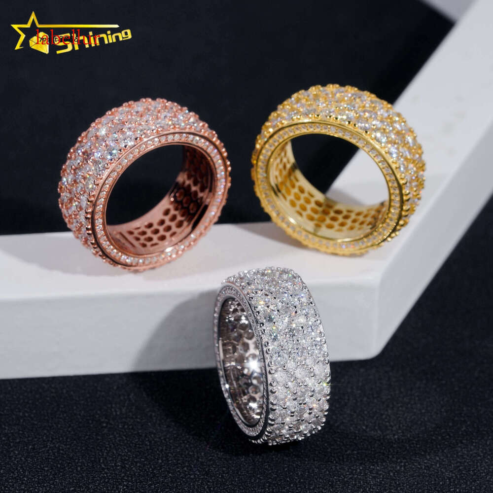 Pass Tester Hip Hop Jewelry Sier 3 Row Stones Fully Eternity VVS Dia Moissanite Iced Out Band Ring