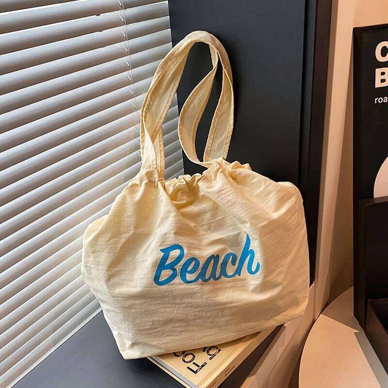 Women's Solid Color Minimalist Nylon Tote Bag - Letter Print,Lightweight & Spacious,Long Strap for Daily Use and Shopping