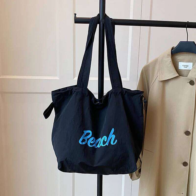 Women's Solid Color Minimalist Nylon Tote Bag - Letter Print,Lightweight & Spacious,Long Strap for Daily Use and Shopping