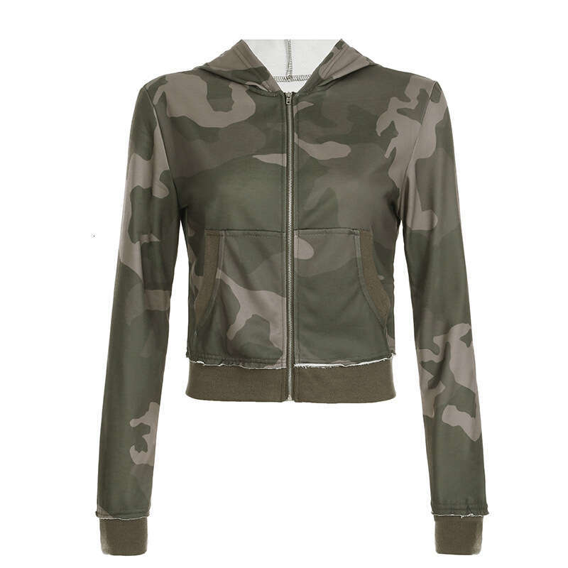 Women's Camouflage Color-Block Hooded Zip-Up Sweatshirt + Loose Oversized Sweatpants Casual Two-Piece Set B5