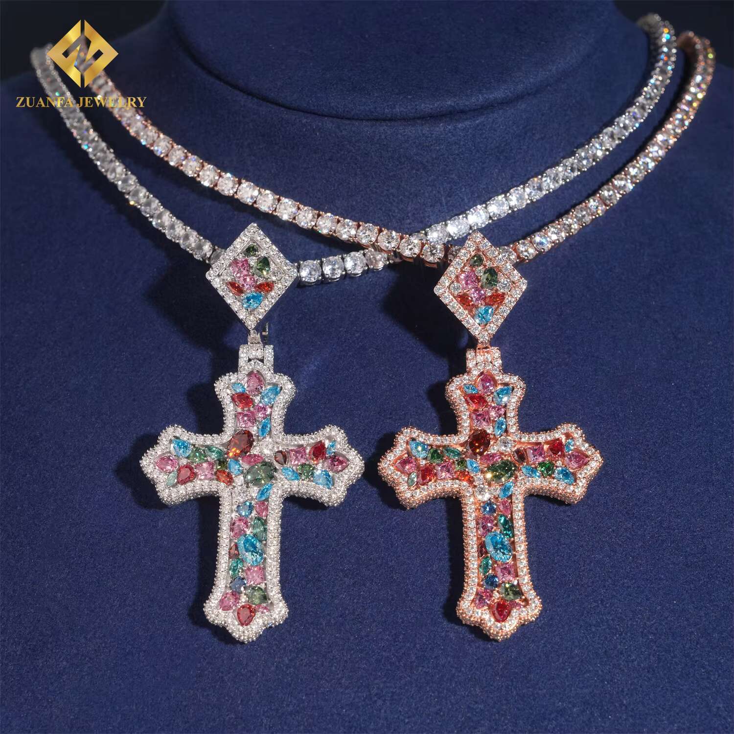 Hip Hop Custom New Jewelry Charm Pendant Iced Out 925 Silver Colorful VVS Moissanite Diamond Solid Back Cross Pendant Men Women
