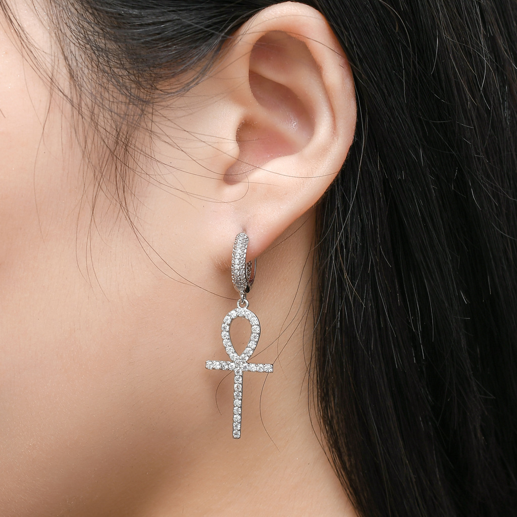 Luxury Jewelry New Ankh Key Cross Hoop Earrings Full Zircon Paved Bling Bling Hip Hop Streetwear Unisex Unique Dangle Earrings Pass the diamond tester